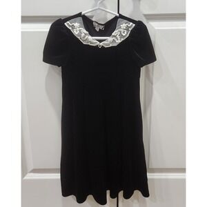 Vintage Girls Black Velvet Holiday Recital Dress Lace Collar Pearl Heart Size 5